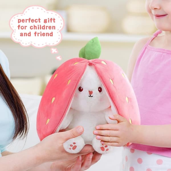 Rabbit Plush Reversible Hugging Rabbit Plush, Christmas Strawberry Rabbit Transformed Rabbit Plush Zipper, Transforms Into Ear Rabbits Plush Toy