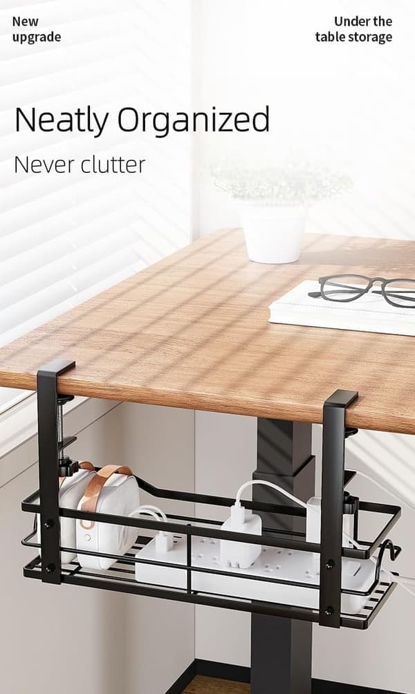 Under-Desk Storage Shelf with Hanging Rack - Drill-Free Carbon Steel Organizer for Office and Kitchen, Space-Saving and Portable