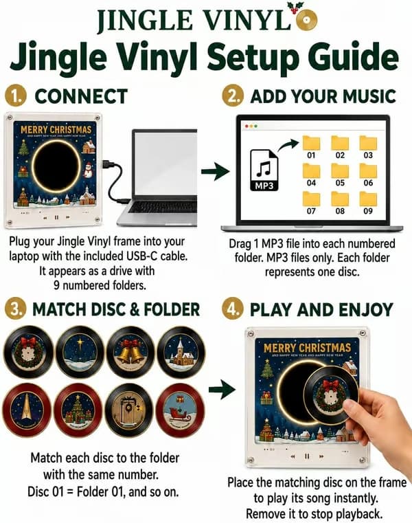 Christmas Vinyl Player Fridge Record NFC Magnetic Music Box Set Mini Jingle Magnets, Refrigerator Custom Storage, Personalized Retro, 9 Programmable Parts