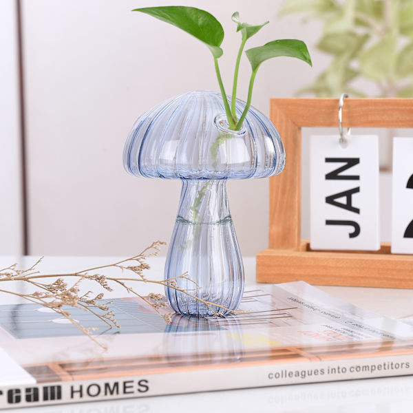 Blå genomskinlig svampformad blomvas, glasvas för blommor transparenta växtbehållare blomsterarrangemang