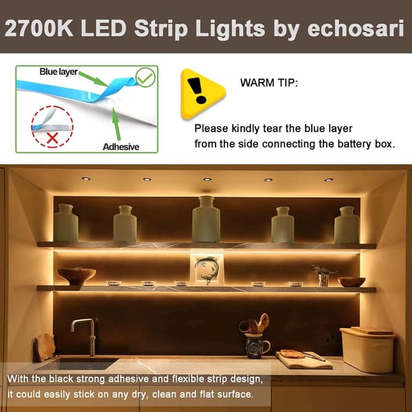 3m Batteridrevne LED-striper med fjernkontroll, vanntett, 8 moduser, dimbar, timer, selvklebende kuttbar (varmhvit)