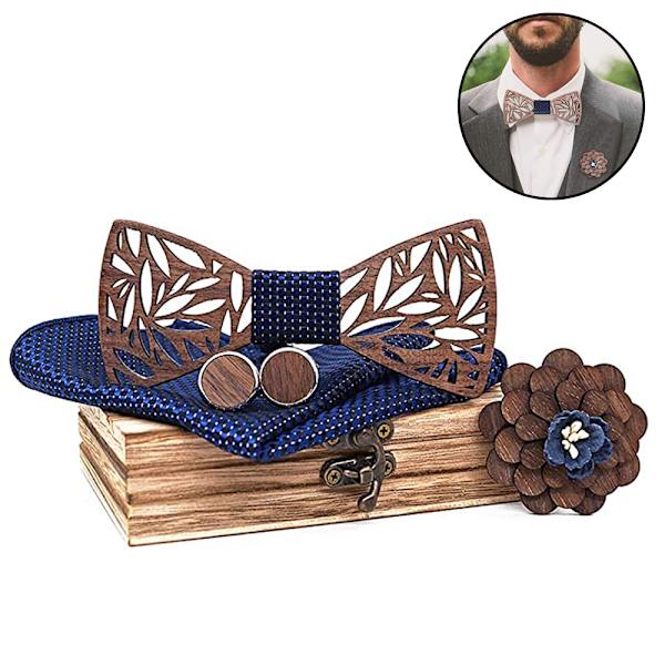 Klassisk handgjord herr trä fluga rosett trä handgjord fluga manschettknappar corsage fyrkantig halsduk set blå