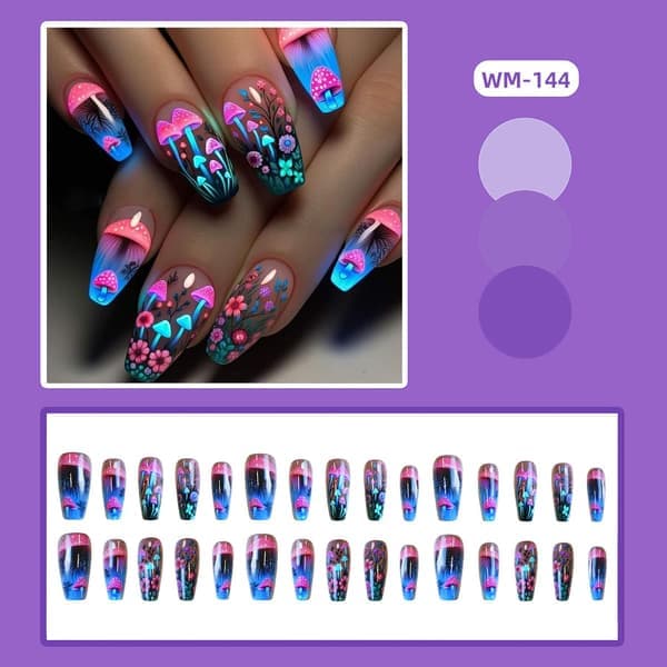 Mushroom Press-on nails Medium ballet-shaped false nails Fantasy mushroom and flower pattern design Glitter nails Full coverage Colorful stick