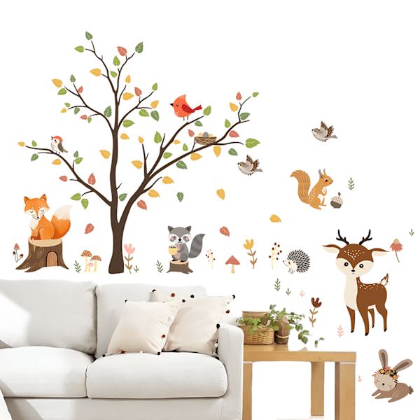 Woodland Animals Tree Wall Stickers Fox Deer Owl Wall Decals Baby Nursery Kids Bedroom Living Room Wall Decor