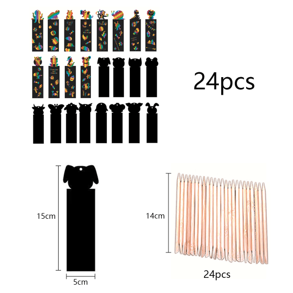 Förpackning med 24 skrapa bilder för barn, skrapa bilder bokmärken, skrapa bilder för barn med 24 träpennor och 24 band, DIY