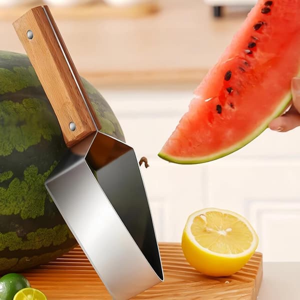 Stainless Steel Watermelon Slicer, Triangular Melon Splitter, Multifunctional Fruit Tool with Wooden Handle, Summer Kitchen Utensil