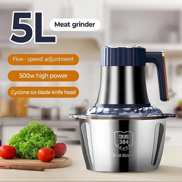 5L Elektrisk Kødhakker, Multifunktionel Foodprocessor, 500W Blender, 5 Hastighedsniveauer, 6 Rustfri Stålblade, Velegnet til Kød, Grøntsager, Løg