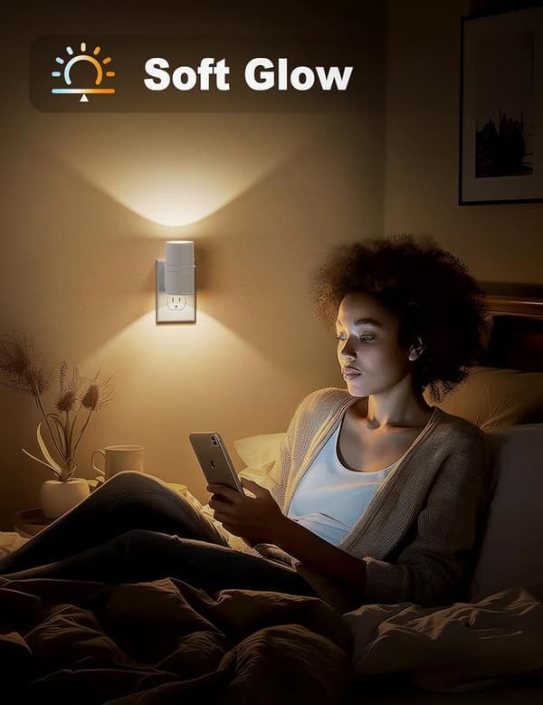 Wall-mounted adjustable night light with light sensor warm white 3000K brightness adjustable from 0-100 lumens two-pack.