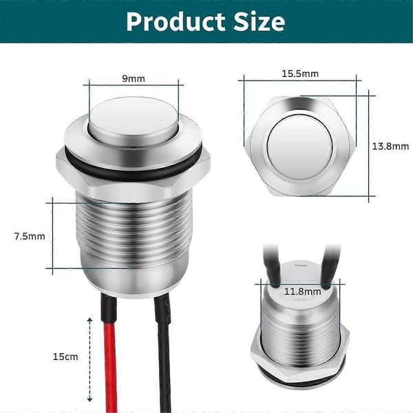 6 st tryckknappar, 12 mm momentan tryckknapp med kabel