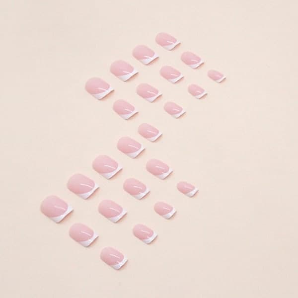 French Tip Press-On Nails Short Square Fake Nails Pink Stick-On Nails White Opaque Reusable Glossy Acrylic Artificial Nails