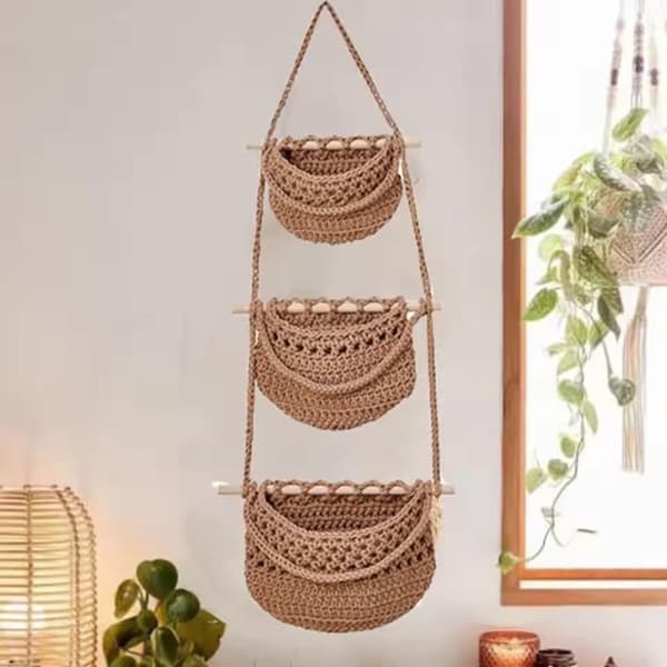 Practical Cotton Rope Fruit Basket, Simple and Stylish, Three-Layer Storage Bag, Handmade Fruit Net Pocket for Living Room (Beige)