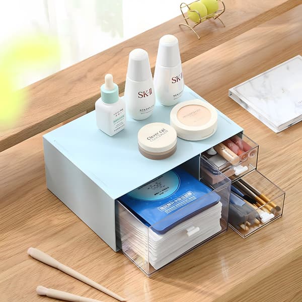 Blue Stackable Storage Drawers 3-Tier Set, Plastic Desk Organizer with 1 Deep Layer for Stationery, Makeup, and Office Supplies, Spac Bule