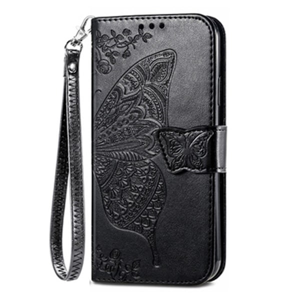 Fjärilsmönstrad PU-läderfodral med stativ, kortfack, handledsrem och flip-folio-skydd för iPhone 14