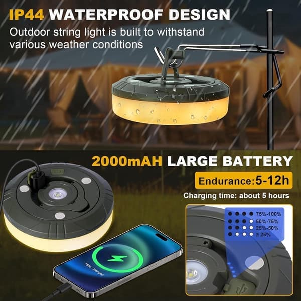Camping String Lights 10 Meter - Atmosphere String - IPX4 Waterproof - Retractable - Rechargeable - Warm White | Outdoor Lighting - Camping Lamp