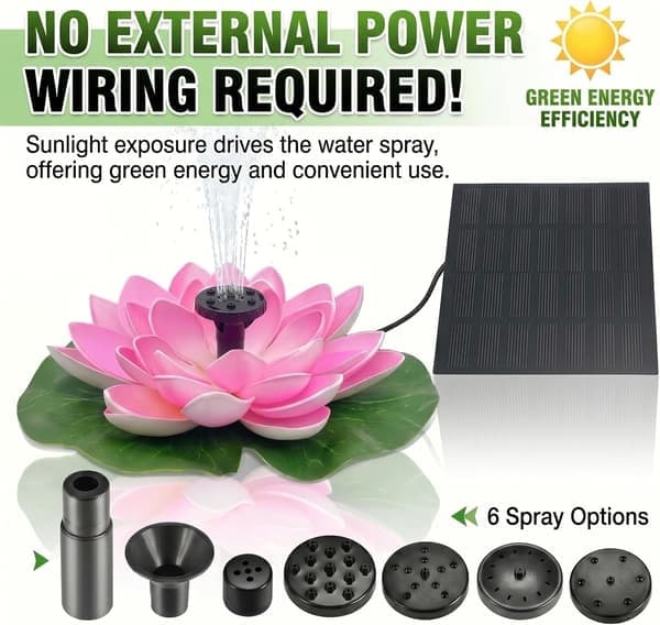 tommer flydende blomster solcelle springvand fuglebad, delt solcellepanel med 6 dyser, lotusdekoration til dam, have, gård, pool vandfunktion