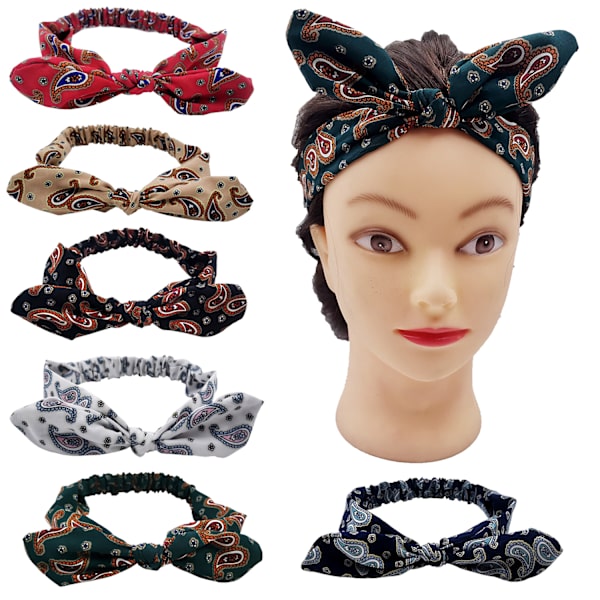 6-pack elastiska paisley-bandana-knut-pannband, kaninöron-rosett-pannband, turban-huvudband