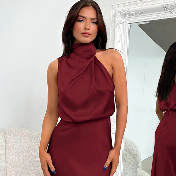 Elegant ärmlös halterneck satin sommar bröllop kvällsklänning för kvinnor (M)