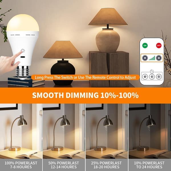 Oppladbare LED-lamper - 7W E27 med fjernkontroll & Touch Dimmer | Nødlys for camping (Varmhvit) 2-pakning-FD-[mo]