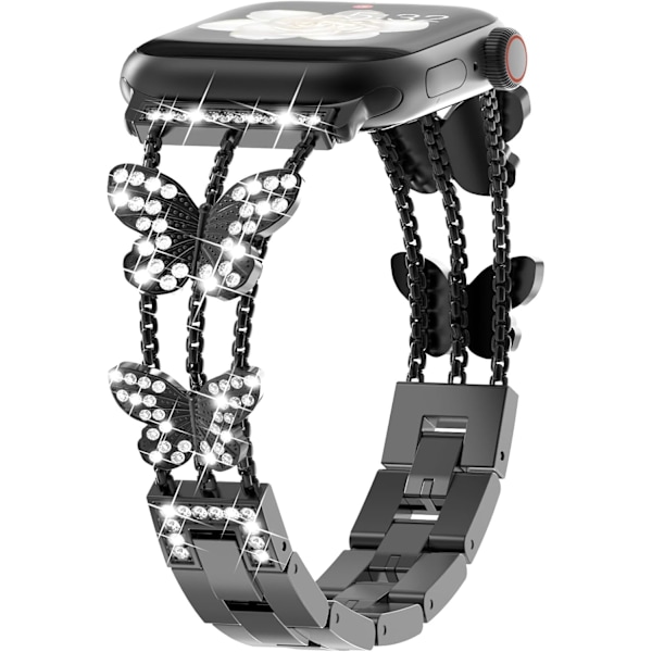 Armband kompatibel med Apple Watch för kvinnor, glittrande fjärilsdesign, fashion metall bling rostfritt stål länkarmband, ersättningsband Black Black 42/44/45mm
