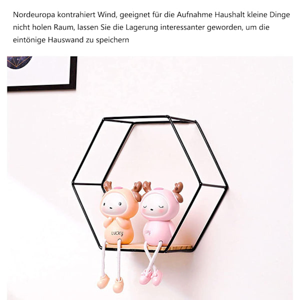 Set med 3 hexagonformade väggmonterade hyllor i metall och trä, flytande hyllor för väggförvaring, kök, badrum, sovrum, väggdekoration