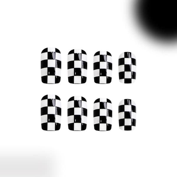 Short Square Black White Plaid Pattern Glossy Glue Nails Full Cover Artificial False Nails Gel Set
