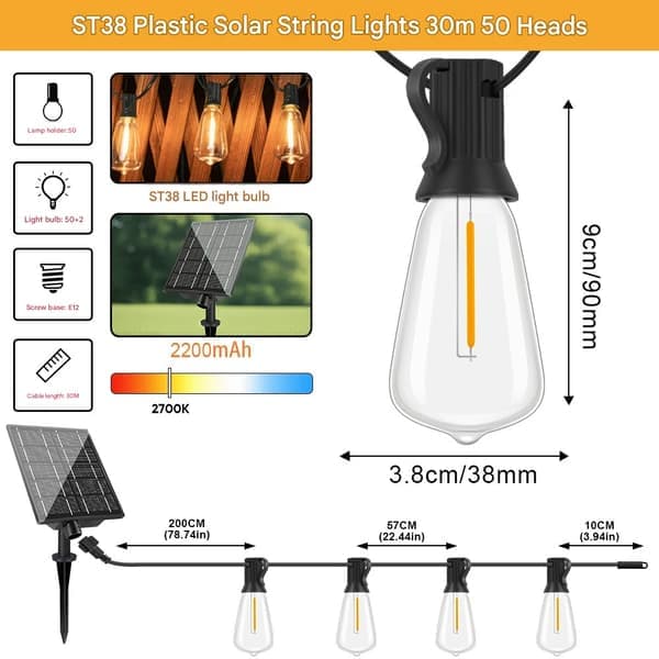 100FT Solar String Lights Outdoor Waterproof, 50LED Solar Powered Lights with Remote Control, 3 Lighting Modes & Dimmable, USB-C Charging for Patio, Backyard