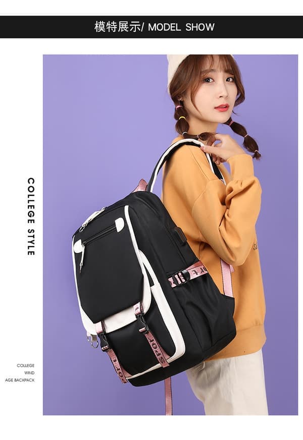 School Bag Large Capacity Backpack Multi-layer Shoulder Bag - Black with White