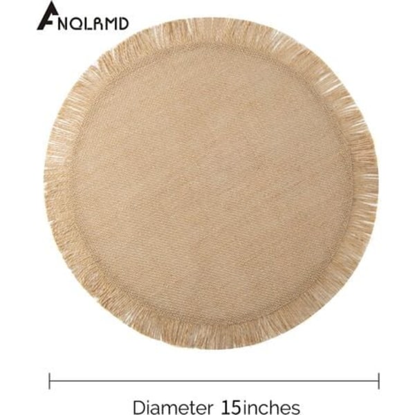 Matsatsset med 4 runda jute-placemats, naturliga Boho-jute med fransad bordsmatta för matbord, placemats rustik bondgård cirkelbord