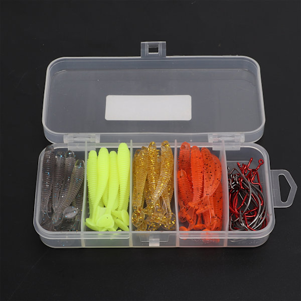 60 st/låda Mjukt bete fiskedrag kit med rostfritt stål vev krokar artificiell T svans PVC mjukt bete drag för basfiske 5cm