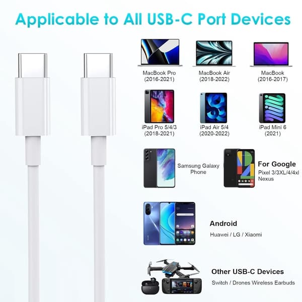 2 x 2 meter 60W hurtigladekabel USB-C - USB-C for iPhone 15 /16 Samsung mm 2METER 2ST KABLAR