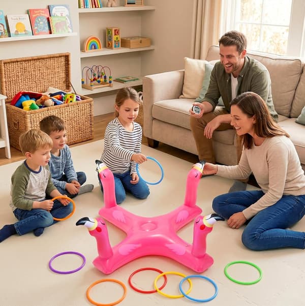 Oppustelige poolringkastespil, haj- og flamingoformede flydende poolringe, inkluderer 6 ringe, perfekt til sommerpoolfester.