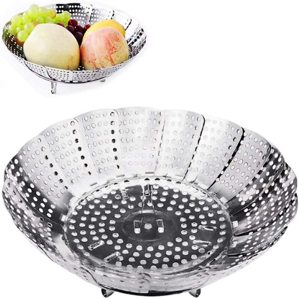 Ångkokare i rostfritt stål, hopfällbar och expanderbar ångkokare för matlagning (öppen toppdiameter 23 cm)
