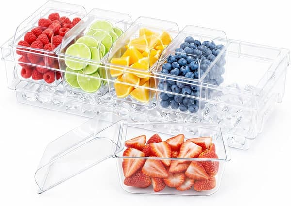 Chilled Condiment Containers with Lids, Plastic Taco Bar Serving Set for Party with 5 Compartments, Ice Tray for Mimosa Bar Accessories, Clear Serving