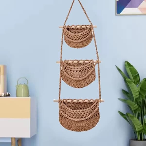 Practical Cotton Rope Fruit Basket, Simple and Stylish, Three-Layer Storage Bag, Handmade Fruit Net Pocket for Living Room (Beige)