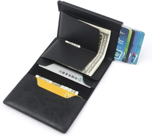 Minimalist Leather Wallet for Men with Clip, RFID Blocking and Automatic Aluminum Card Holder - Black