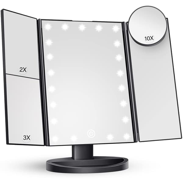 A makeup mirror with built-in light with 2x, 3x, and 10x magnification, touch controls, a tri-fold design, and dual power supplies. Black
