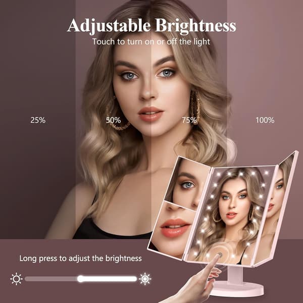 A makeup mirror with built-in light with 2x, 3x, and 10x magnification, touch controls, a tri-fold design, and dual power supplies. Black