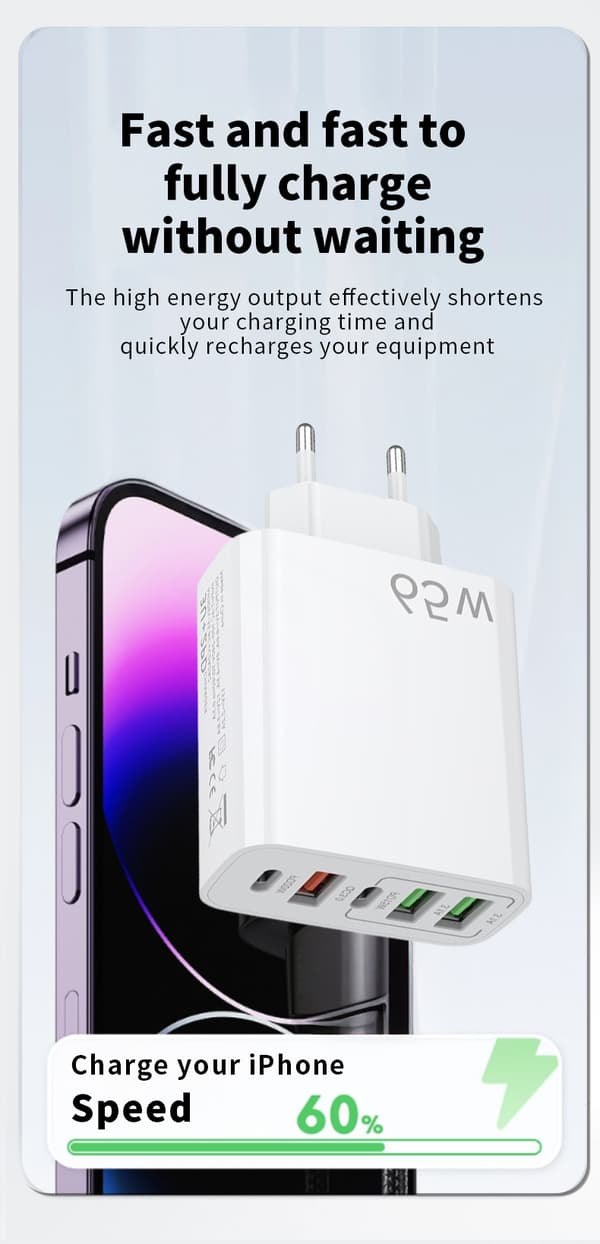 65W USB-lader med 5 porter: 2 USB-C + 3 USB-A | Hurtiglading-QC 3.0 | Kompatibel med Samsung/iPhone/Xiaomi/etc