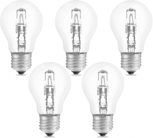 Förpackning med 5 dimbara halogenlampor E27 A55 42W, 2700K varmvit, 650lm, AC220-240V