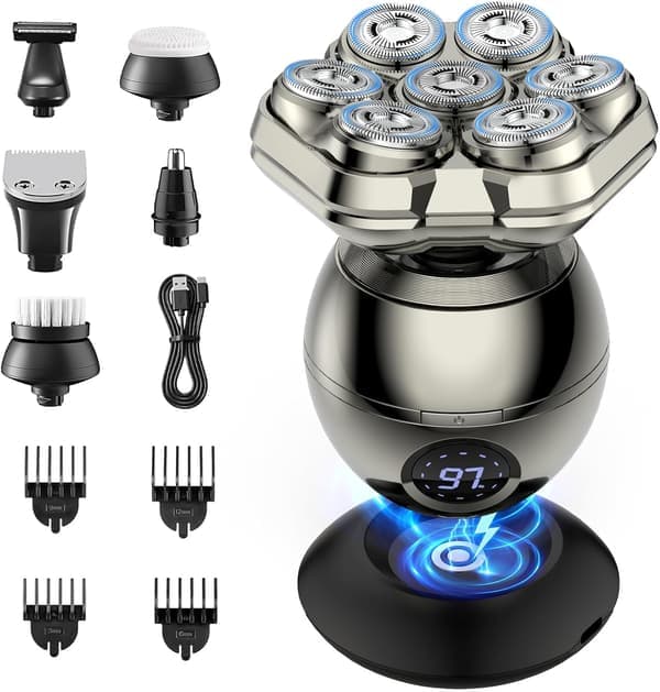7D magnetisk barbermaskin Absolute-6 - Zero Glip hodebarbermaskin, IP67 vanntett med LED-skjerm, 6-i-1 hår