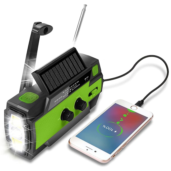 Solcellsradio AM/FM vevradio portabel USB uppladdningsbar nödradio med 2000mAh powerbank, LED-ficklampa, SOS-larm och handvevsdynamo för