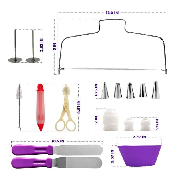 This 106-piece cake decorating set includes a rotating cake stand, piping bags and nozzles, cake molds, and other accessories.