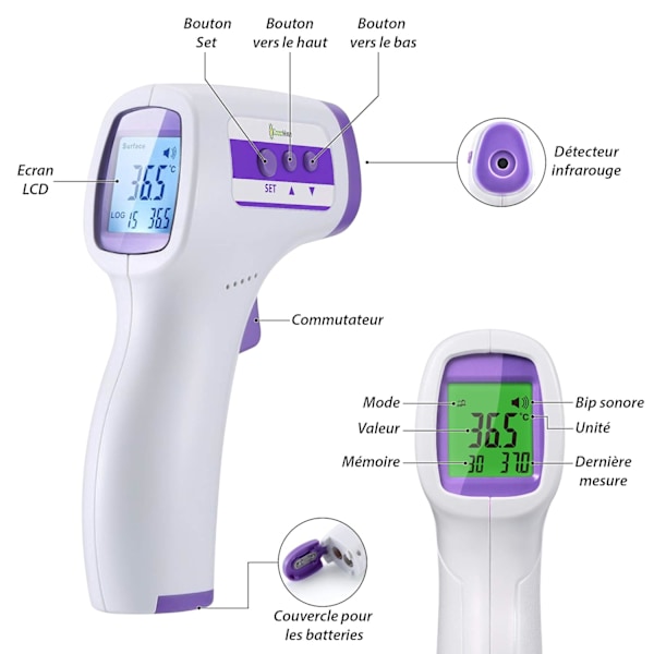 Pann Termometer Infraröd Vuxen Termometer, Kontaktfri Termometer, LCD-skärm, Minnesfunktion, Infraröd Termometer för Barn, Vuxen, Objekt