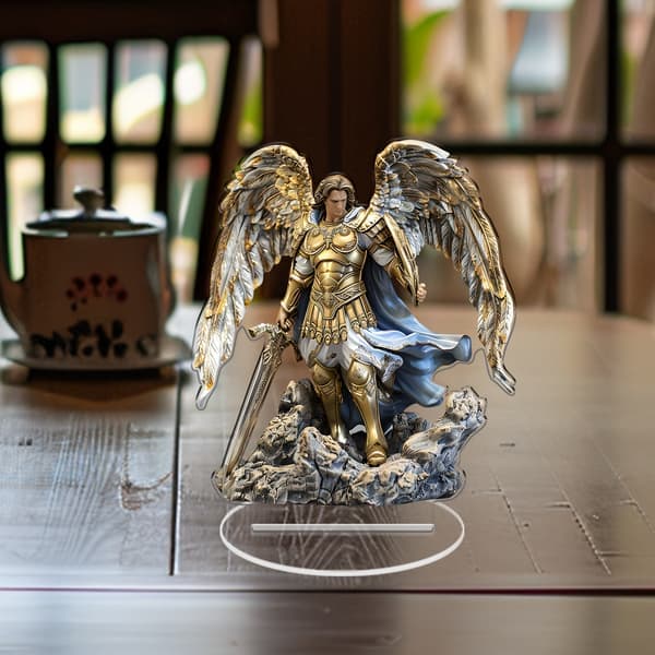 Akryl Engelstatue Elegant Erkeengel Mikael Akrylskulptur Skrivebordsdekorasjon Stuedekorasjon (2D)