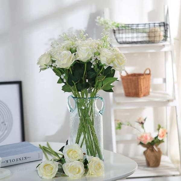 Kunstige roser silkeblomster bukett hjemmekontor bryllupsarrangement hvit (10 stk)