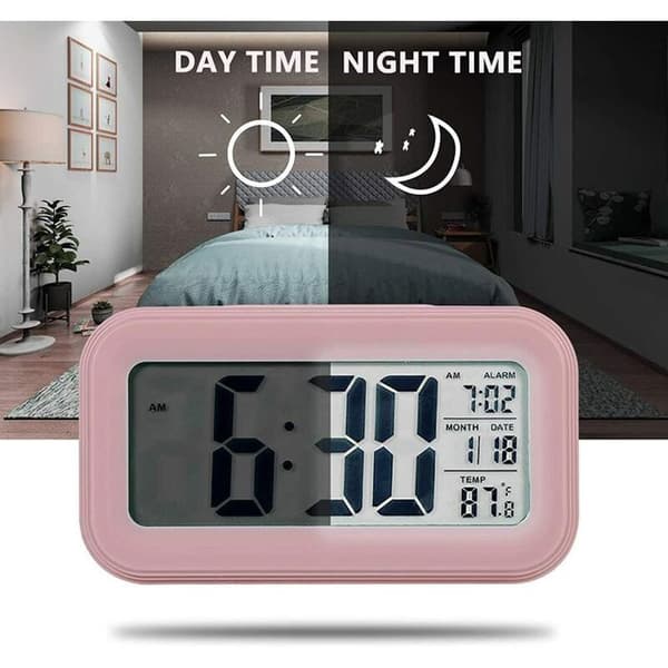 11 cm batteridriven digital väckarklocka för sovrum, LCD sängväckarklocka med larmpåminnelse (rosa)