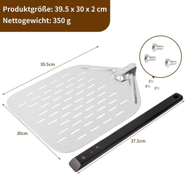 Pizzaspade 40 x 30 cm - Glir lett på pizzasteinen - Perforert pizzaspade med stor overflate og avtakbart håndtak