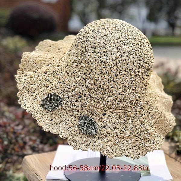 Elegant heklet stråhatt for kvinner med rysjedetaljer, sommerstrandhatt, off-white