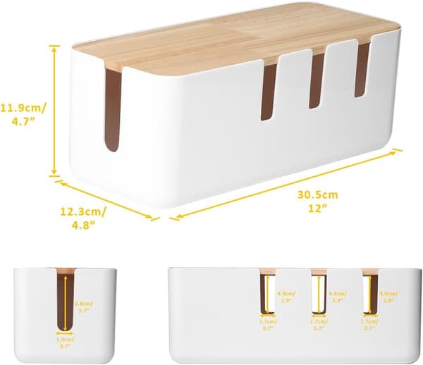 Kabelstyringsboks, 30,5x12,3x11,9 cm, trælåg, velegnet til skrivebords-tv, computer og USB-hub-systemer.