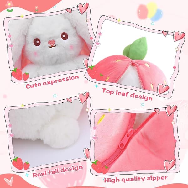Rabbit Plush Reversible Hugging Rabbit Plush, Christmas Strawberry Rabbit Transformed Rabbit Plush Zipper, Transforms Into Ear Rabbits Plush Toy